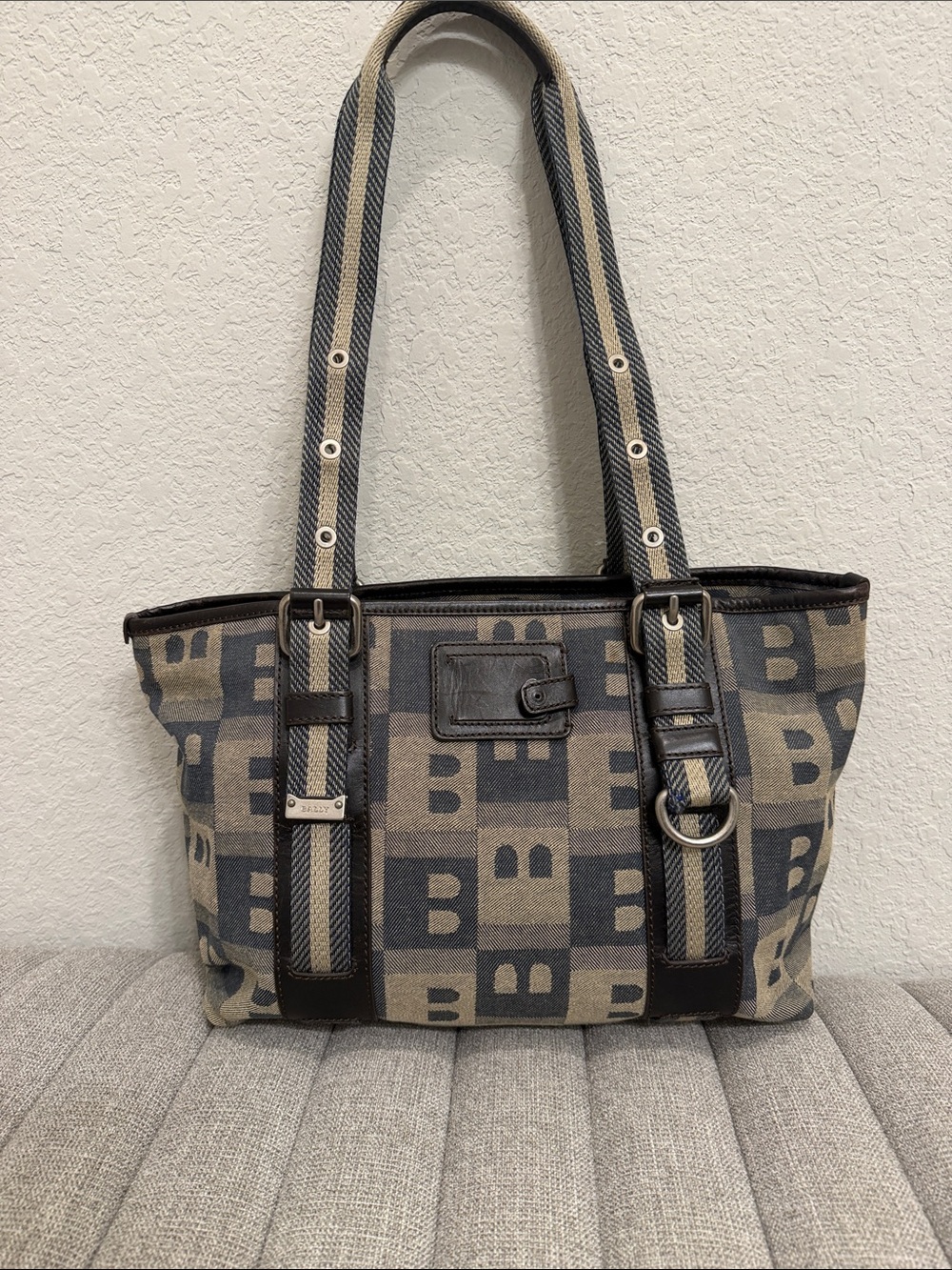 Bally Denim Tote Adjustable Shoulder Bag in Beige & Blue